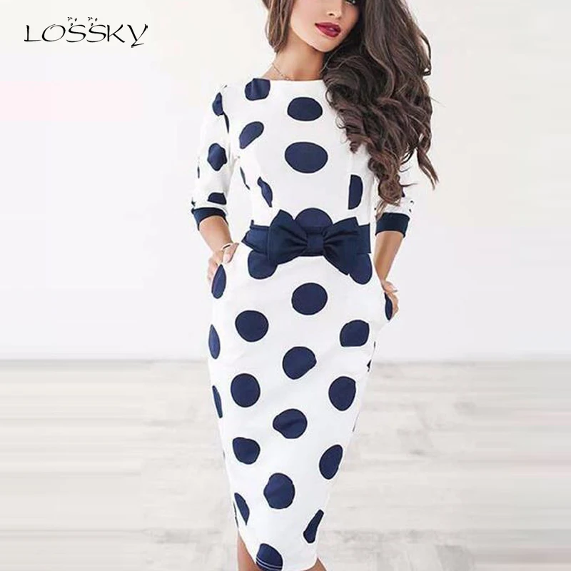 

LOSSKY Women Dresses Autumn Polka-dot Print Sexy Bodycon O Neck Party Dress New Chi Women Long Elegant half Sleeve Slim Dresses