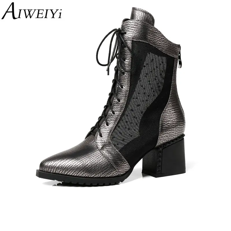 

AIWEIYi Genuine Leather Ankle Boots for Women Pointed toe Square High Heels Lace Up Cutouts Platform Shoes Short Boots