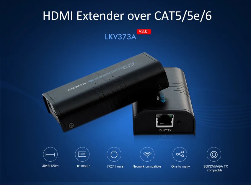 До 120 м, LKV373A HDBitT V3.0 1080P HDMI Сетевой удлинитель, по LAN RJ45 CAT5E CAT6, HDCP совместимый, поддержка Lan 100-120 м