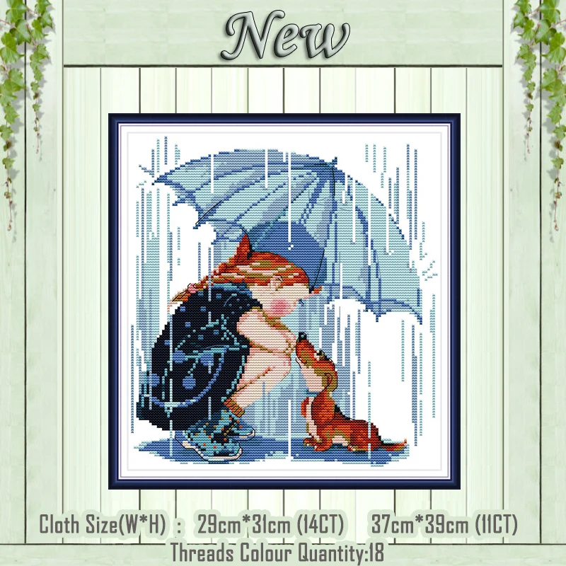 

Girls and dog in the rain decor painting counted printed on the canvas DMC 11CT 14CT kit Cross Stitch embroidery needlework Sets