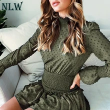 NLW Ruffles 2018 New Casual Dress Women Casual Solid Polka Dot Dresses Smocking Winter Party Long Sleeve Dress Vestidos