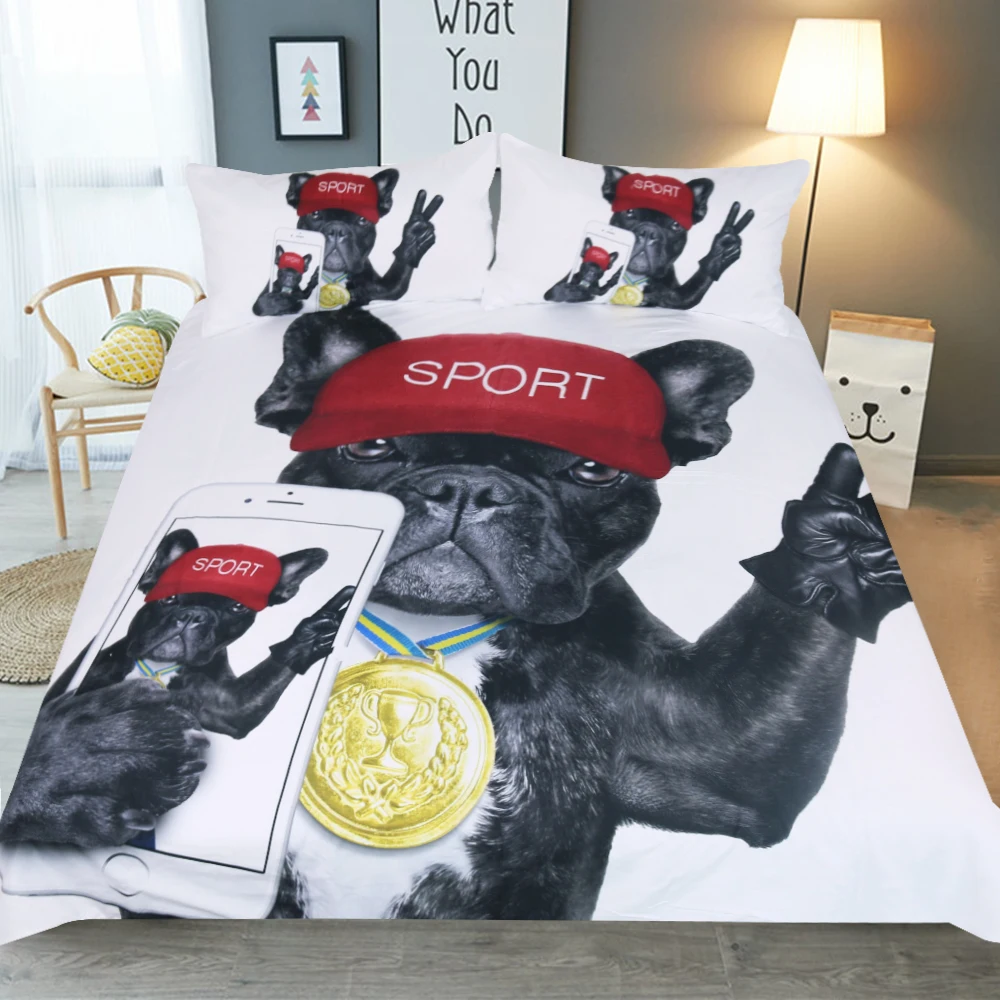 

Custom Made Bulldog Bedding Set Black and Red Quilt Cover With Pillowcases Cartoon Pug Dog Home Textiles for Kids 3Piece Au Size