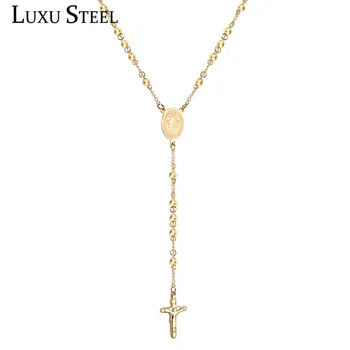 

LUXUSTEEL Gold Cross Beaded Chains Necklaces Long Jewelry Stainless Steel Link Chains Neckalce Religion Jewelry