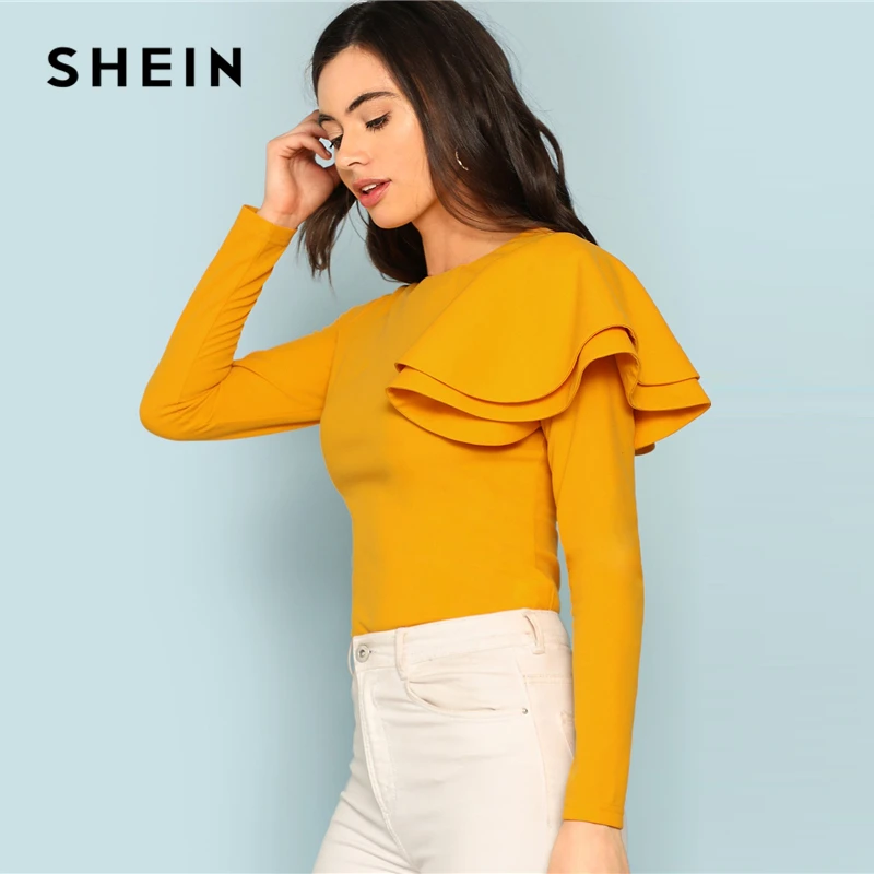 SHEIN элегантная однотонная облегающая футболка с длинным рукавом на молнии сзади и рюшами, Топ для женщин, современная Женская Осенняя футболка