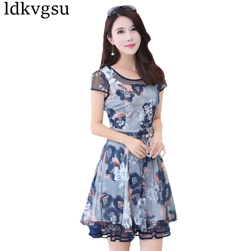 2018 Fashion Plus Size Summer Dress For Women Mini Chiffon Dress Cute Elegant Lady Printing Women's Dresses Vestidos Girls A44