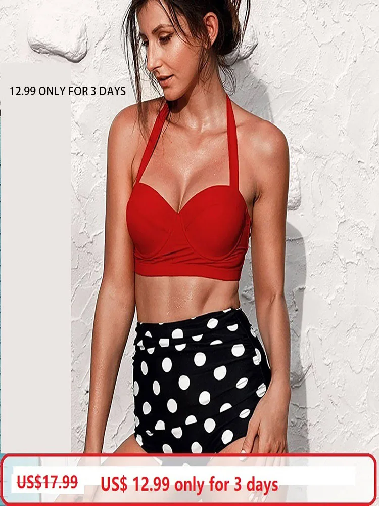 

2019 new items retro swimsuit red blue pink high waisted retro halter floral polka dot push up large size swimwear xxl bikini