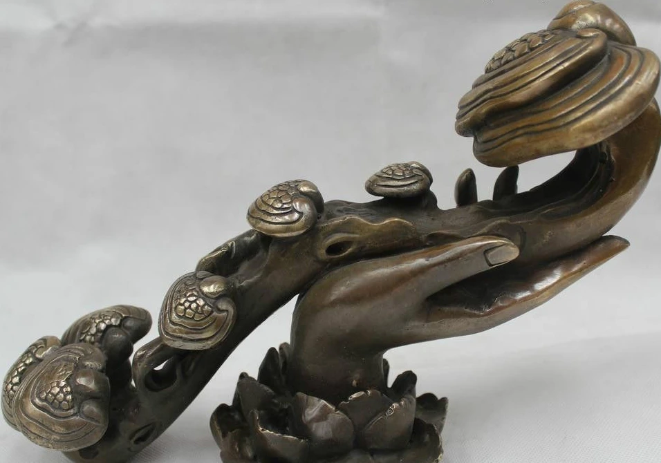 

8"Chinese Feng Shui Bronze Lucky Lifelike lotus flower Buddha Hands Ru Yi Statue