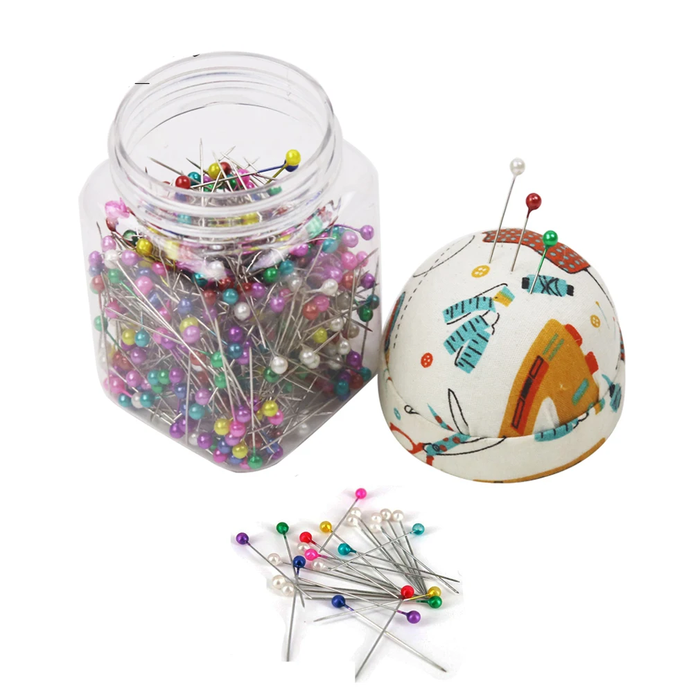 500Pcs Beads Needles Mixed Color Round Pearl Ball Head Quilting Pins in Pink Fabric Covered Pin Cushion Bottle for DIY Sewing Craft