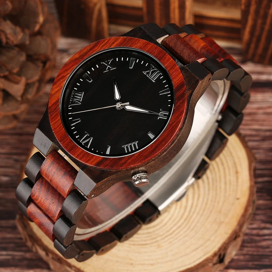 Men's Watch Round Vintage Bamboo Wood Case Luxury Natural Sport Wristwatch with Full Wooden Band Japanese Movement Roman Numeral 2017 2018 Gifts for Dad Him (8)