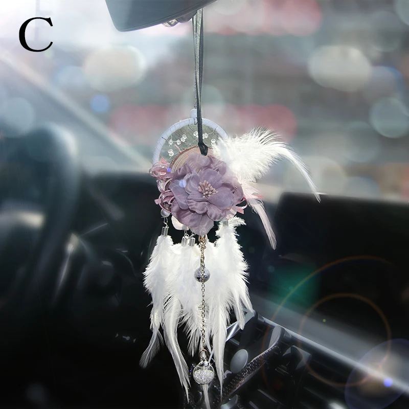 

Car Rear View Mirror Charm Flower Hanging Ornament Floral Interior Decor Feather Lucky Charm Pendant Fragrance Women