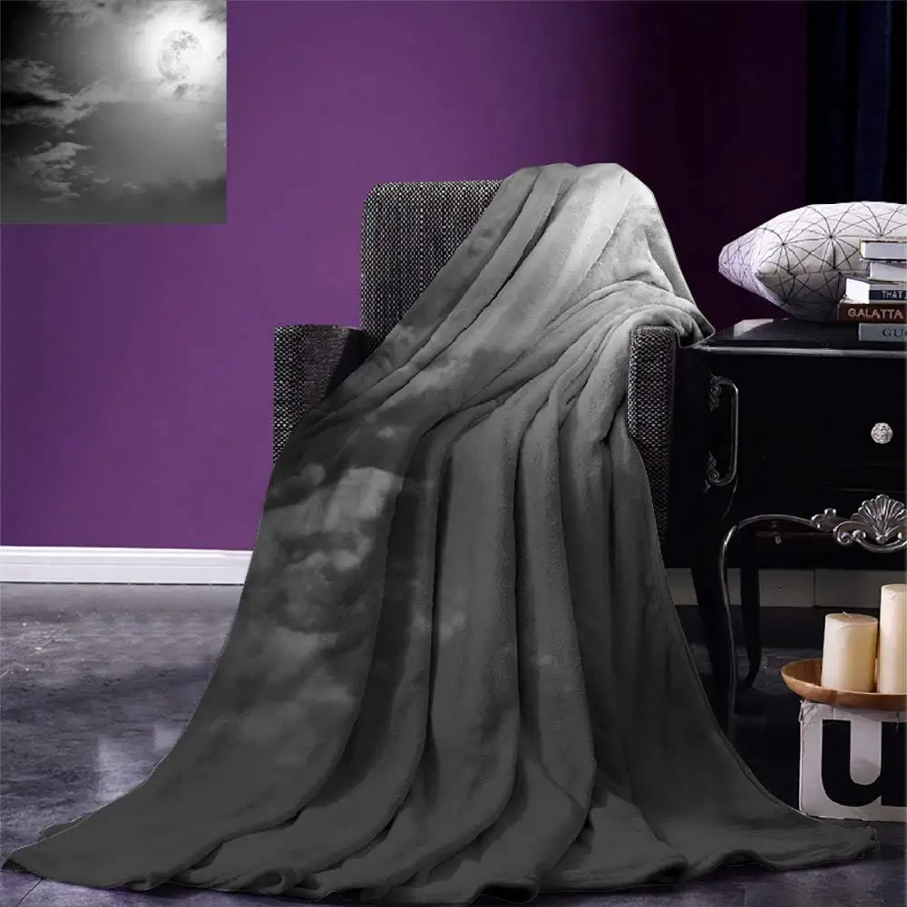 Night Sky Blanket Full Moon and Clouds Midnight View Vintage Black and