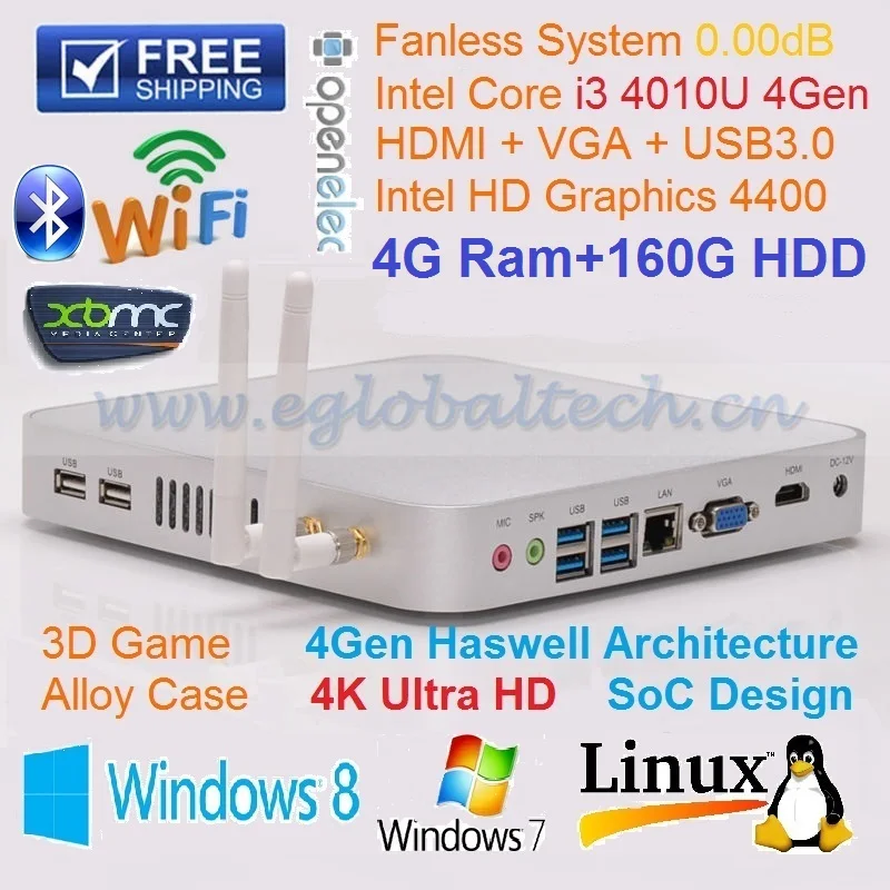 Latest Smart Computer 4GB DDR3L 160GB HDD With Wifi Fanless PC Intel Core i3 4010U Mini PC HTPC Full 4k HD Desktop Computer
