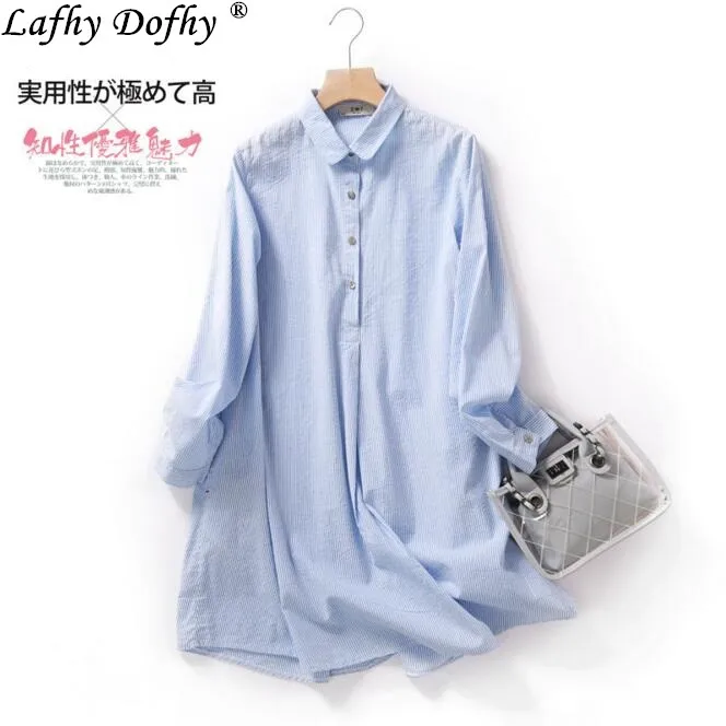 

Quality cotton shirt long section Japanese spring and summer urban leisure square collar fine striped loose women's clothing 199