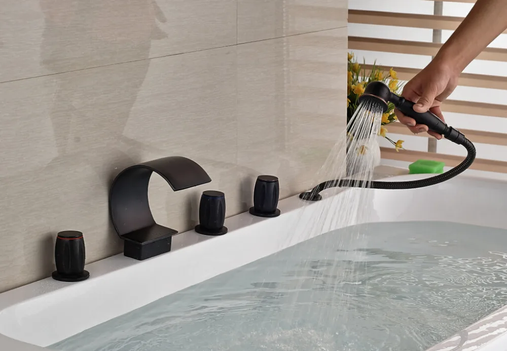 

Deck Mounted 3 Knobs Bathtub Filler Faucet Waterfall Spout with Hand Shower