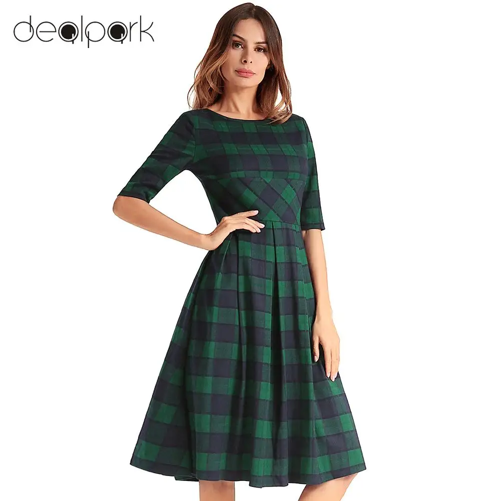 1950s Vintage Swing Dress Women Plaid Check Dress V Back Knee Length