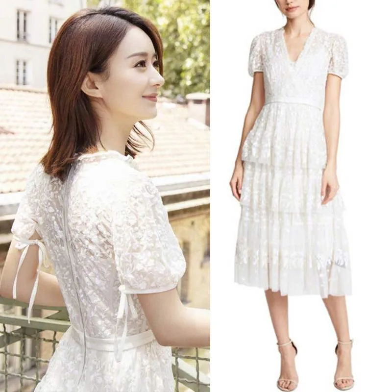 

2019 New Runway summer self portrait women Cake Dresses Fashion Embroidered V-neck Lace Ruffle party long Dress Vestidos robe