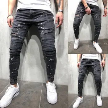 

Fashion Men Trouser Ripped&Holes Skinny Jeans Destroyed Frayed Slim Denim Pants