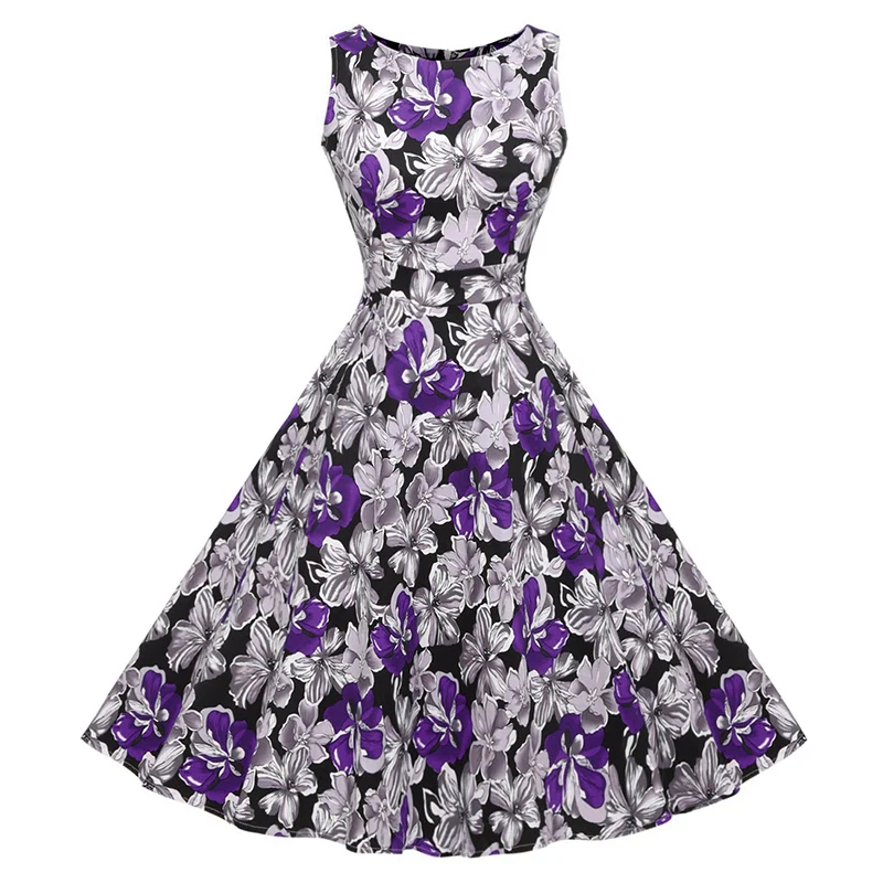 Kostlish Cotton Summer Dress Women 2017 Sleeveless Tunic 50s Vintage Dress Belt Elegant Print Rockabilly Party Dresses Sundress (83)