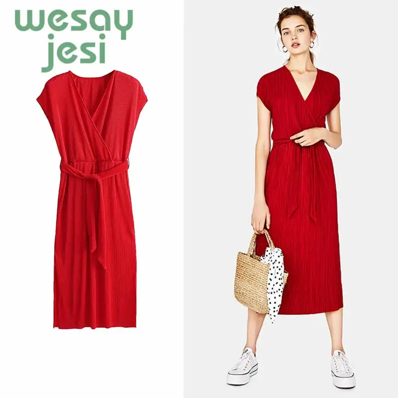 

Dress women Sexy sashes sleeveless chic Beach Summer Dress Women 2019 Deep V Neck Red casual Midi Dresses