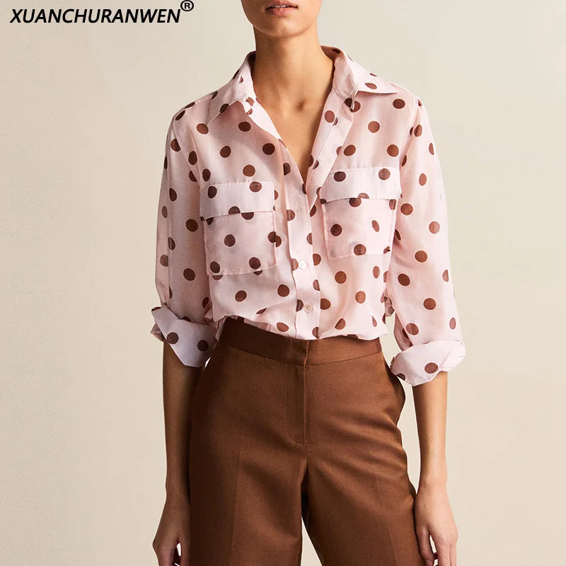 

Summer Loose Sun Clothes Polka Dot Printed Turn Down Collar Long Sleeves Long Blouse Women Pocket Chiffon Shirts NX8905