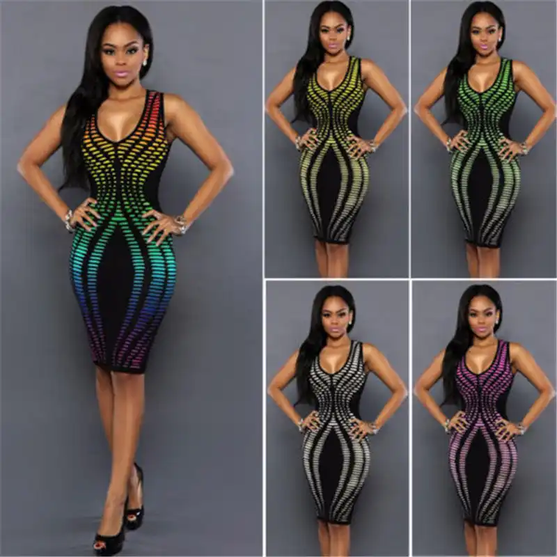 Sexy Women Summer Bandage Dress New Style Rainbow Color Bodycon