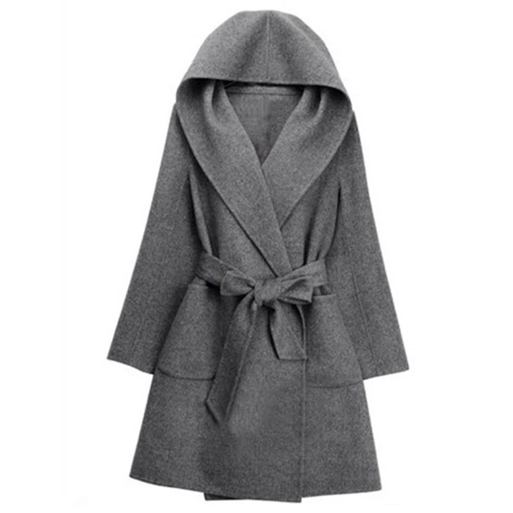 Women Hooded Overcoat Gray Loose Cardigan Pocket Female Coat Sashes Tie