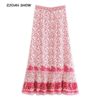 

2019 Women Bohemian Spliced Ruffle Hem Pink Plum Floral Print Long Skirt Ethnic Single-breasted Maxi Long Skirts Holiday Femme