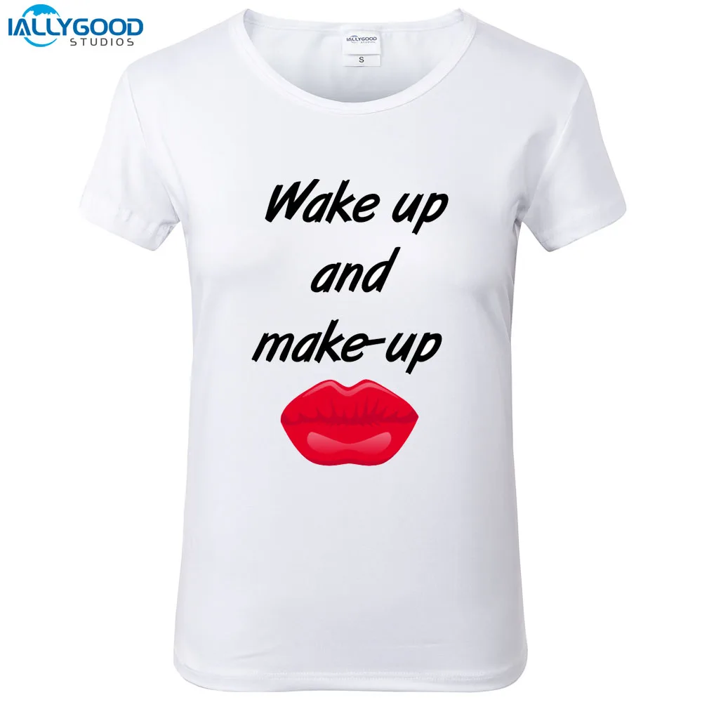 

Wake up and make up Fashion T-Shirt Women Funny Letter Printed Lips T Shirts O-neck Soft Short Sleeve Casual White Tops S1718