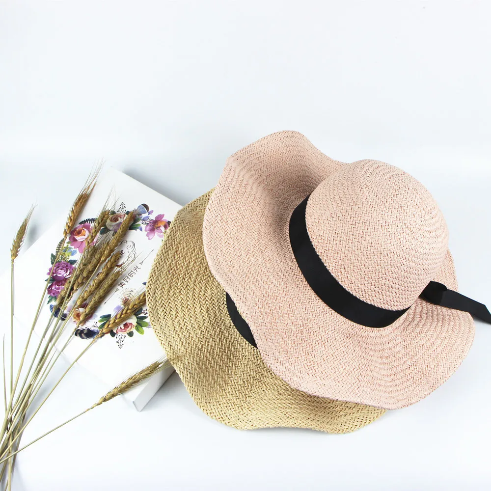 Wavy Brim Sun Straw Hat Lady Sun cap Bowknot Ruffle Foldable Sunshade Handmade casual simple elegant Fashion Straw Hat Y704