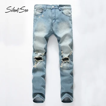 

Silentsea High Street Fashion Men's Jeans Knee Hole Skinny Fit Elastic Destroyed Ripped Jeans Broken Puns Pants Homme Jeans Male