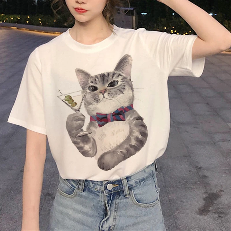 Kawaii Cat Graphic футболка Женская Harajuku Ullzang Милая футболка забавная мультяшная Эстетическая футболка 90s модные летние футболки женские - Цвет: 4181