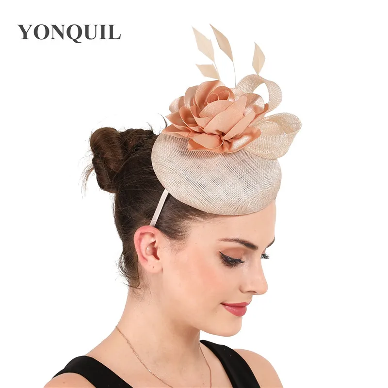 

High quality 4-layer sinamay rose color fascinators gorgeous hat headband wedding women millinery occasion headpiece with flower