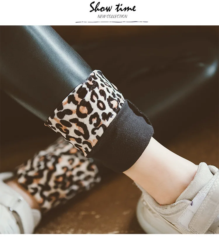 black faux leather leopard girls winter warm leggings 14 years old teenage fashion clothing children pants