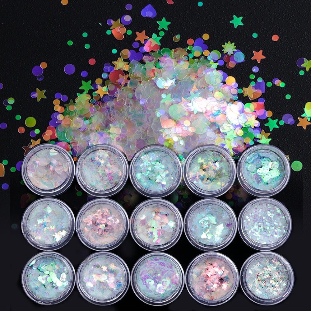 

15pcs Mermaid AB Color Nail Sequins Paillette Shiny Holo Tips Moon Star Shape Glitter Nail Art Decor Slice Manicure SAAB01-15