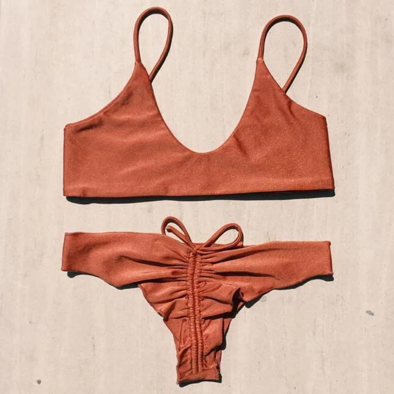 

2017 New Sexy Women Bikini Sets Orange Solid Halter Thong Elastic Lady Beach Swimsuit Low Waist Triangle Biquini 2625