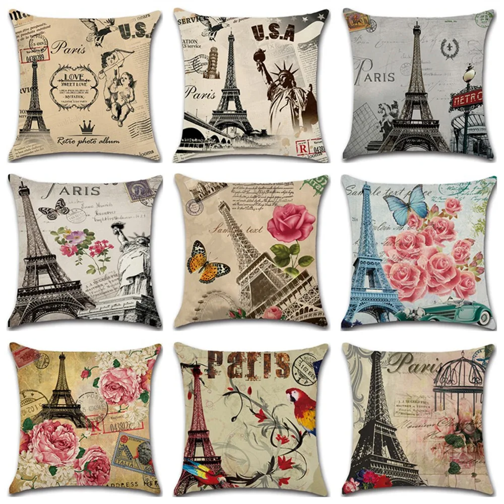 

Retro Style Sketch Paris Eiffel Tower Waist Pillow Case Pillow Cover Throw Cushion Decal Linen Blend Material Drop Shipping