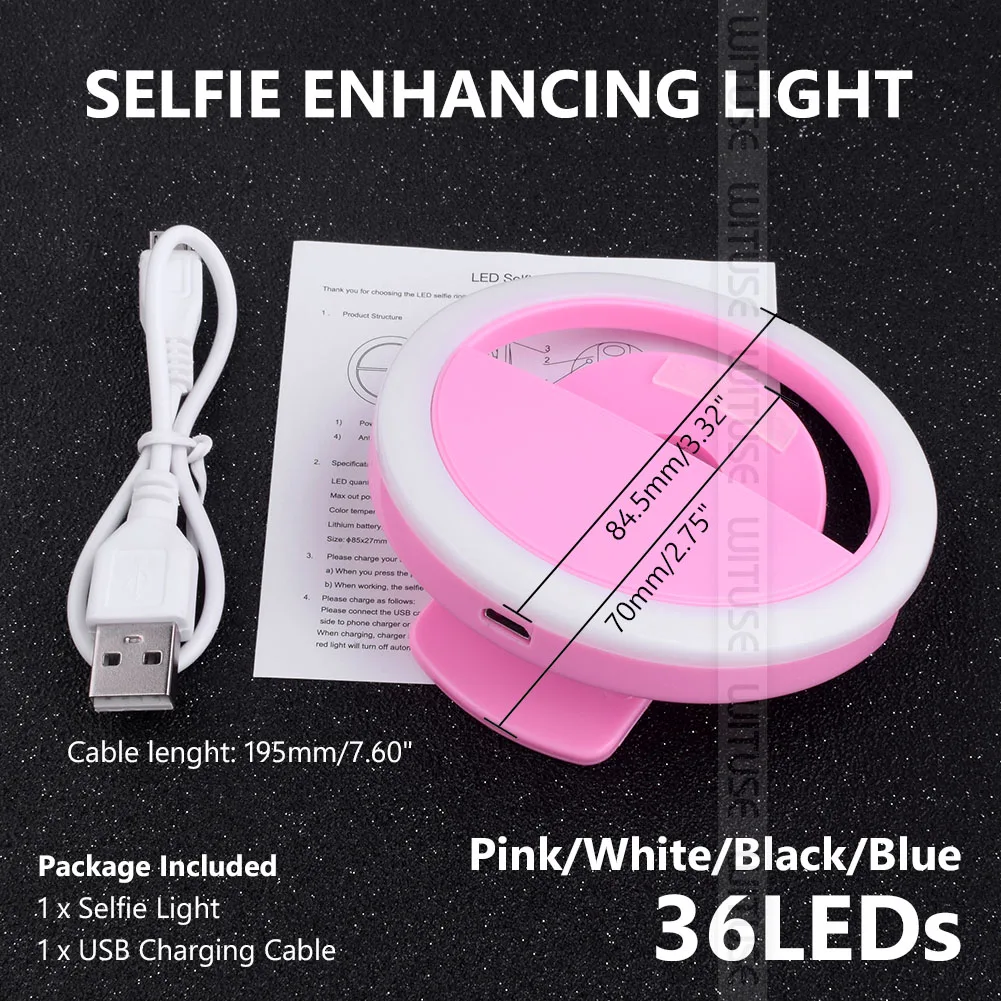 Черный/белый/розовый/синий Портативный селфи 36 светодиодный кольцевой светильник с зажимом Micro USB заряжаемый холодный белый для мобильных смартфонов
