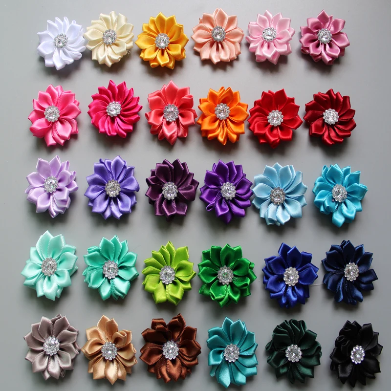 

Wholesale DIY 1.5'' Mini Polyester Ribbon Polygonal Flowers With Rhinestone kids Girls Hair Accessory Head flowers 1000pcs