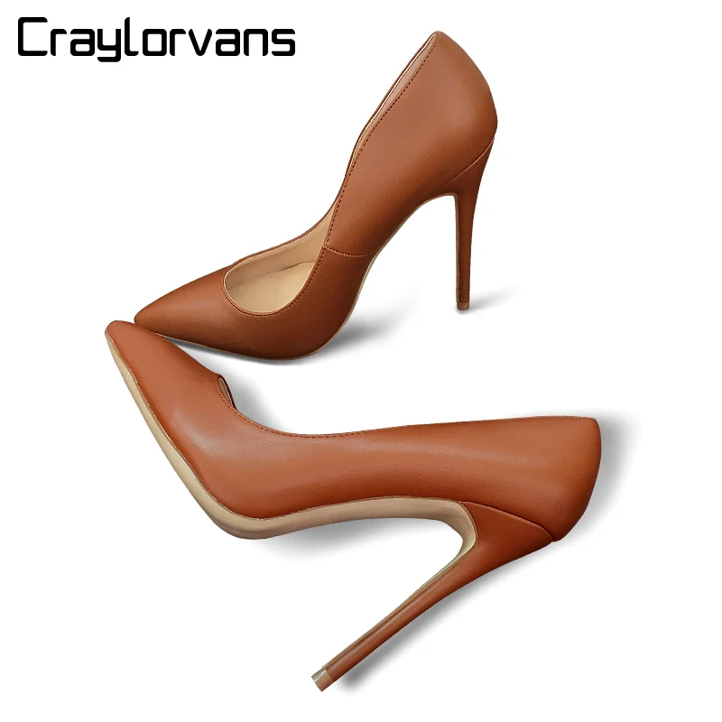 Vente Craylorvans Top Qualité Femmes Talons hauts Sexy Mince Talons Pompes Brun Couleur Femmes Parti Chaussures Mode Chaussure Femme Mariage