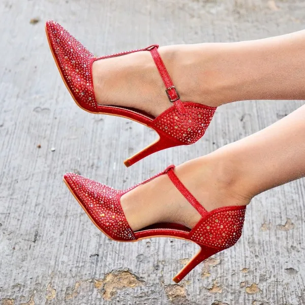 red t strap pumps