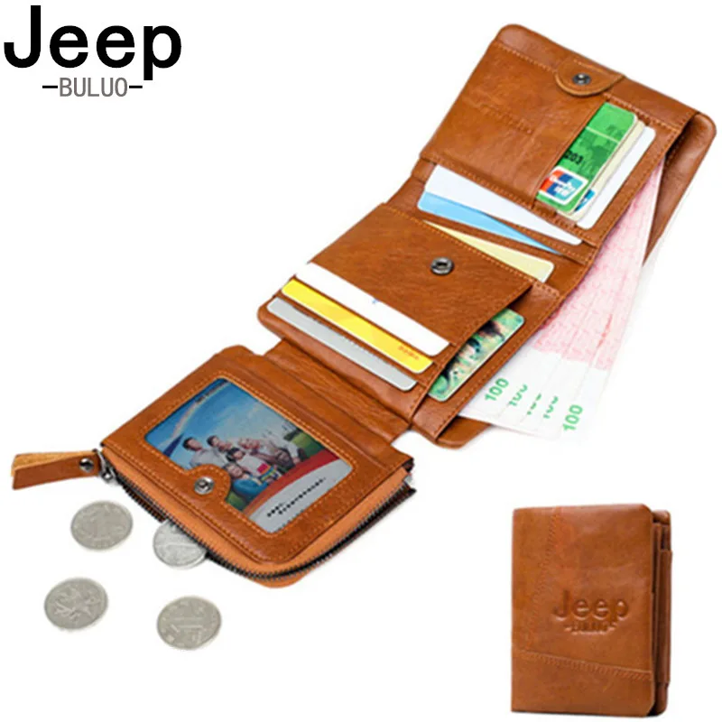 

BULUOJEEP Brand New Man's Wallet Genuine Leather RFID Blocking Fold Card Wallets For Men Natural Cow Leather Short Purse Bifold