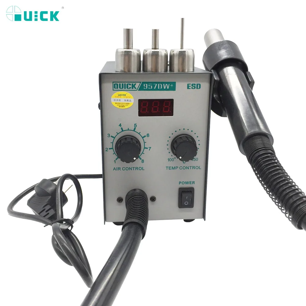 

Newest 220V QUICK 957DW+ LED Display Adjustable Hot Air Heat Gun With Helical Wind 400W SMD rework station With 3 Air Nozzles