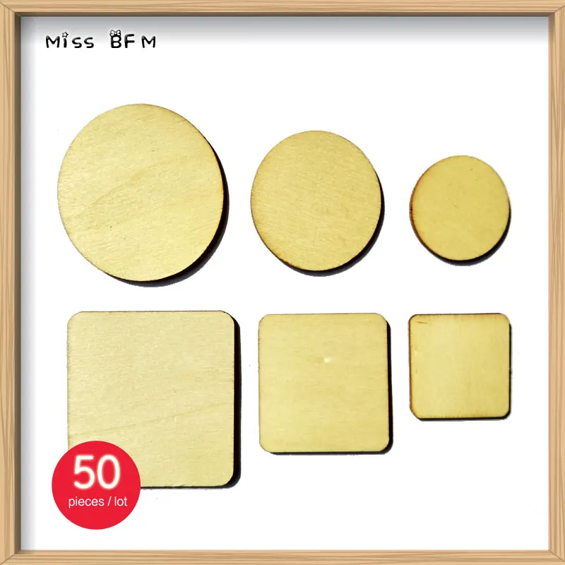 

(50pcs/lot) 3-5cm Blank Unfinished Decorative Wooden Square Round Circles Crafts Rustic Wood Wedding DIY Scrapbook Ornaments