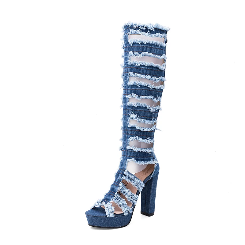 Женская обувь; джинсовые сапоги-гладиаторы выше колена на высоком каблуке и платформе с открытым носком; сексуальные женские сандалии на молнии; zapatos de mujer; N63W - Цвет: light blue