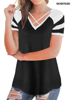 

RICHIETRADE Casual Women Jacket Short Sleeve V Neck Colourful Pullover Patchwork