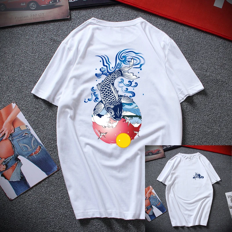 Мужская футболка в японском стиле с принтом волнистых Карпов, топы, футболки, модная летняя футболка с принтом в стиле хип-хоп - Цвет: Белый