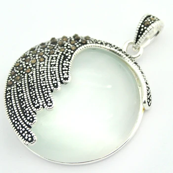 

925 Sterling Silver Natural clear white opal Round Marcasite Round Pendant 35MM