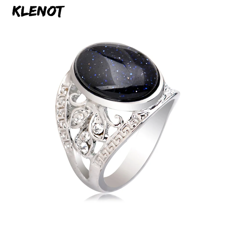 

Natural Sandstone Stone Silver Ring for Women Blue Antique Oval setting Hollow out Crystal Tibetan Men Finger Rings Jewelry