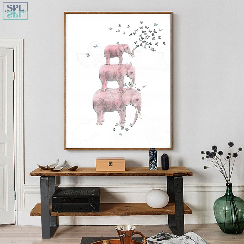 SPLSPL милый мультяшный слон с бабочкой Эскиз Холст Художественная печать постер