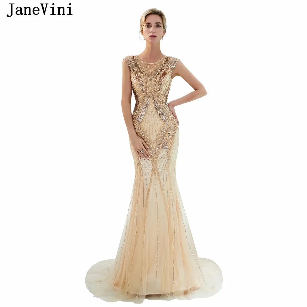 JaneVini роскошный полный бисером платье подружки невесты в стиле русалки развертки поезд 2018 прозрачное глубокое декольте молния назад